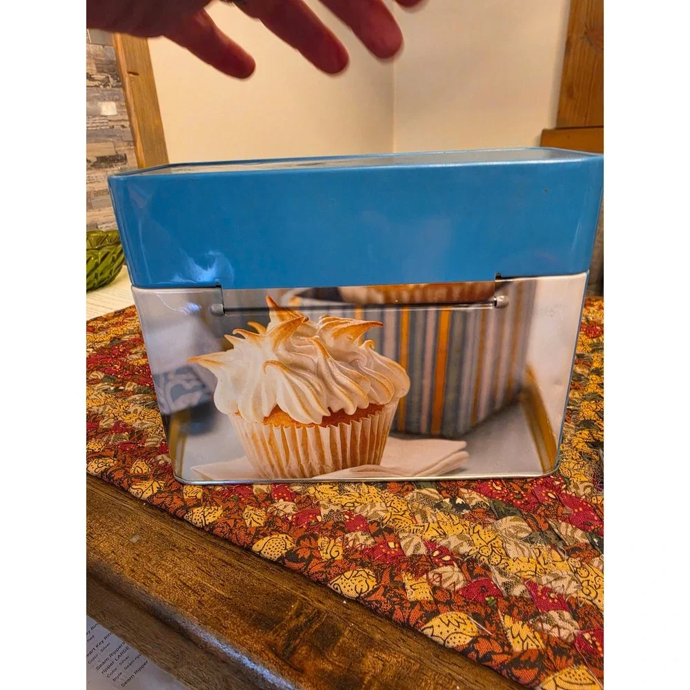 Cupcake Recipe Tin With Cards Blue Metal Storage Box Publications International